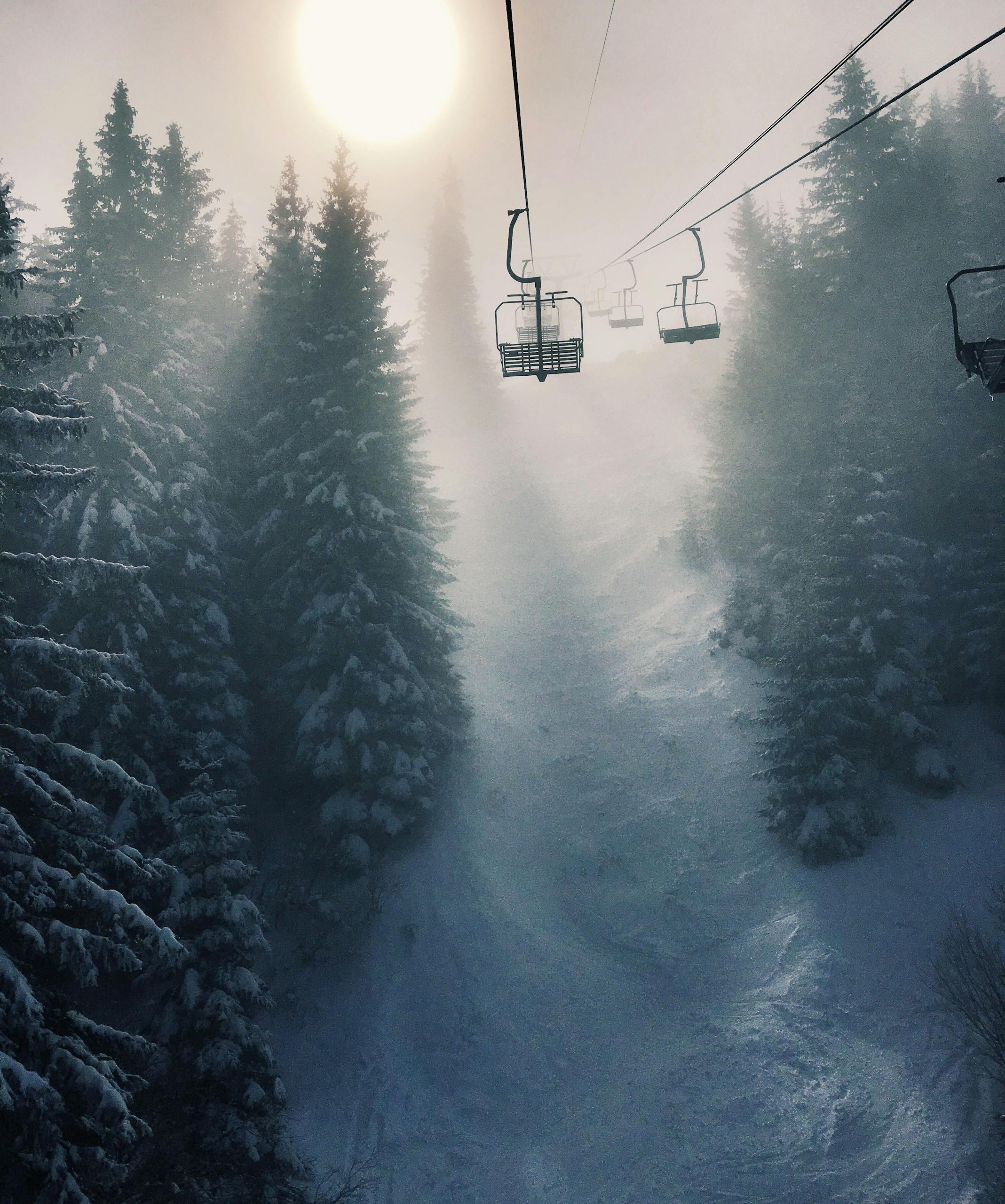 A foggy winter morning with ski lifts and snow-covered trees in Pernik, Bulgaria.