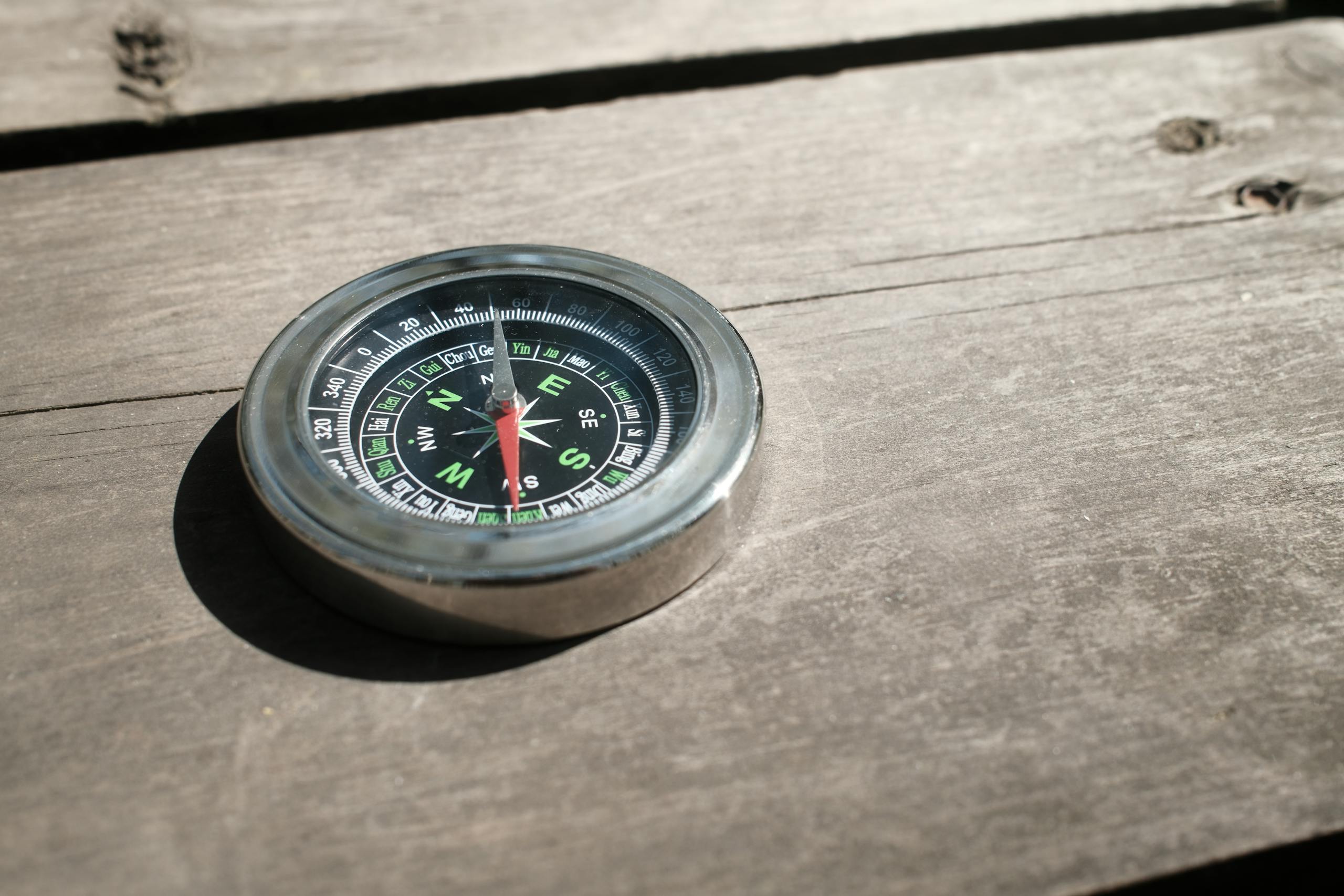 Close-up of a vintage compass on a rustic wooden surface, illustrating exploration and navigation themes.